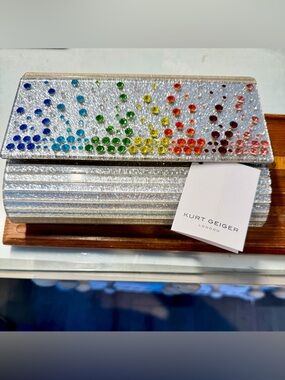 NWT Kirk Geiger Silver Rainbow Crystal Evening Clutch in box